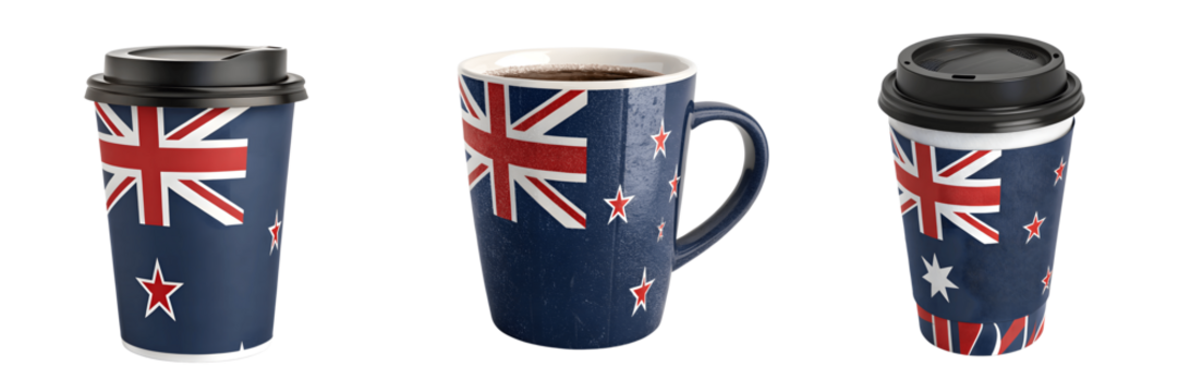 Set For Three cups of hot coffee decorated with the australian and new zealand flags isolated on transparent background - Powered by Adobe