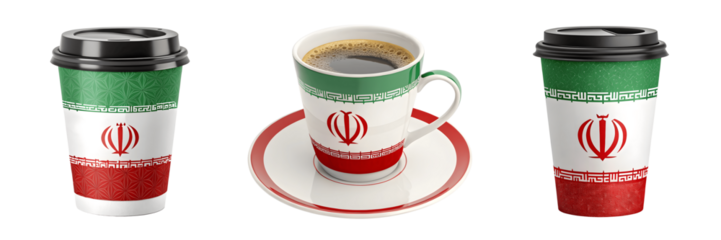 Set For Three cups of coffee with the iranian flag isolated on transparent background