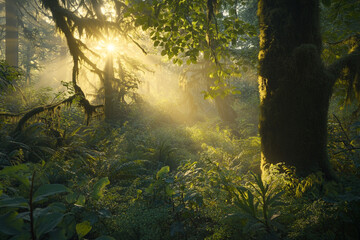 Forest drenched in early morning glow, radiant sunbeams filtering through thick foliage and highlighting soft moss textures