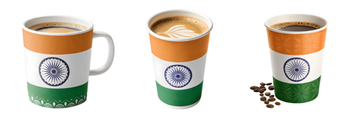 Set For Three cups of coffee with the indian flag isolated on transparent background