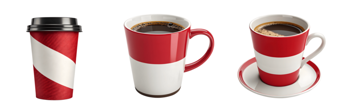 Set For Three cups of coffee with the latvian flag isolated on transparent background