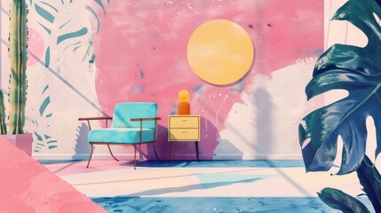 Abstract modern furniture mid-century collage interior scene with geometric shapes and textured background with paint splashes