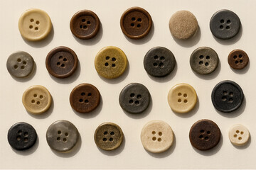 Fototapeta premium Colorful biodegradable buttons made of recycled coffee grounds lying on beige background