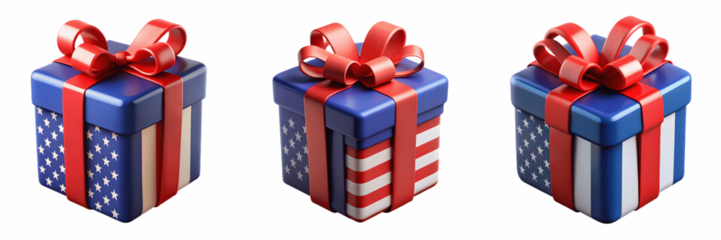 Set For Three patriotic gift boxes with red ribbons isolated on transparent background