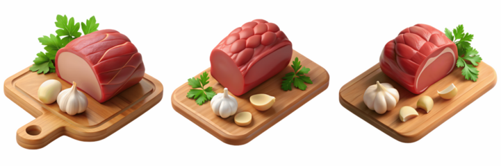 Set For Three wooden cutting boards display ham, garlic, and parsley isolated on transparent background
