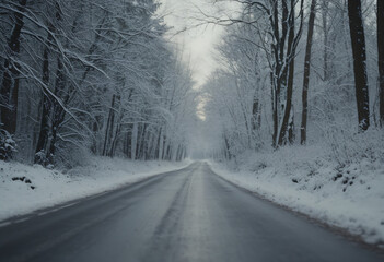 Obraz premium snow-covered road through winter forest
