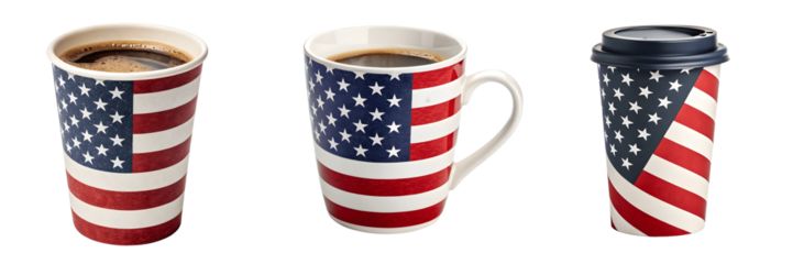 Set For Three cups of coffee with the american flag design isolated on transparent background