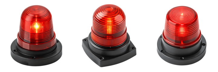 Set For Three red warning lights isolated on transparent background, indicating danger or emergency