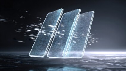 Three futuristic smartphones hovering above a reflective surface