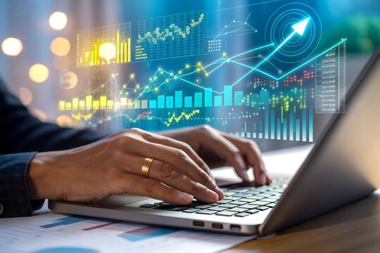 Hands typing on laptop with glowing financial data charts and graphs overlay