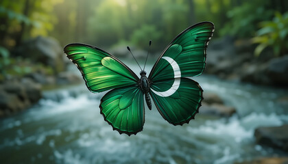 A butterfly with green wings and a white crescent moon flying over a flowing river bed
