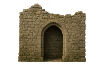 Ancient ruined stone wall with gothic arch on transparent background
