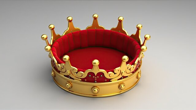 A regal golden crown with vibrant red velvet lining signifies power, luxury, and high status symbol.