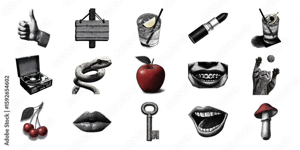 Poster retro cut-out objects and symbols set. vintage elements for creative collection illustration isolate