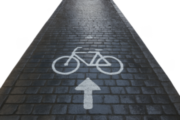 Bicycle lane road markings pointing forward on cobblestone street with transparent background