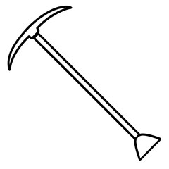 Detailed line art illustration of a garden hoe with a textured wooden handle isolated on white background