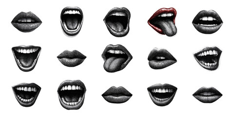 Vintage Mouth Expressions Set. Retro Engraving Lips And Teeth Collection Illustration Isolated On Transparent Background