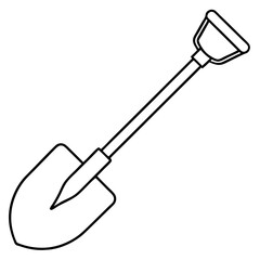 Detailed line art illustration of a garden shovel with distinct metal and wooden components isolated on white background