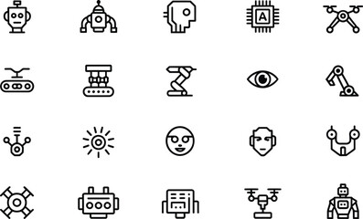 Collection of technology and robotics icons in a clean silhouette style