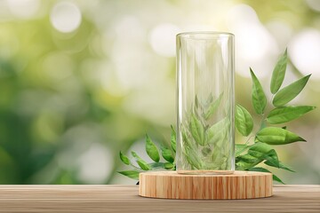 Clear glass cylinder on a wooden pedestal, surrounded by leaves