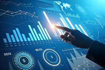 Hand interacting with futuristic digital data analytics dashboard with glowing charts and graphs