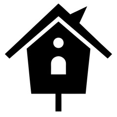 Simple black silhouette of a birdhouse with a perch isolated on a clean white background isolated on white background