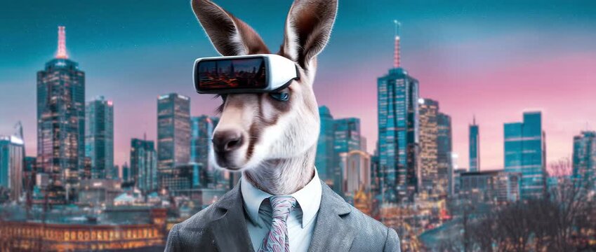 A stylish kangaroo in a business suit and VR goggles stands confidently against a vibrant city skyline, blending modernity with whimsy