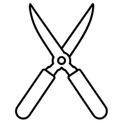 Detailed line art illustration of open pruning shears with sharp blades isolated on white background