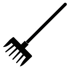 Black silhouette of a garden rake lying flat isolated on white background