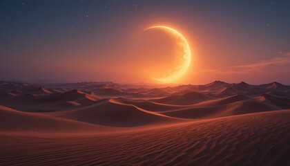A desert landscape under a crescent moon with a starry sky at twilight horizon view