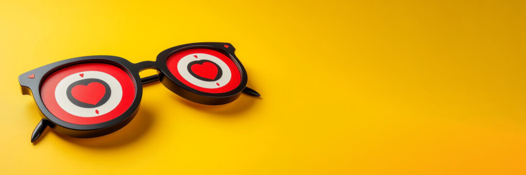 Colorful novelty glasses with circular red lenses on a bright yellow background. Ideal for fun events or parties.