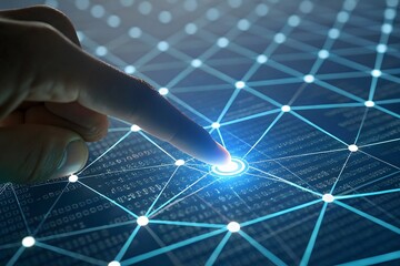 Human finger touching a glowing node in a digital network grid