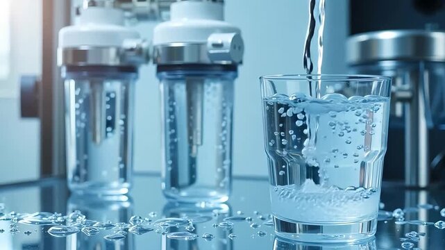 Fresh purified water is poured into a glass with a filtration system showing quality hydration