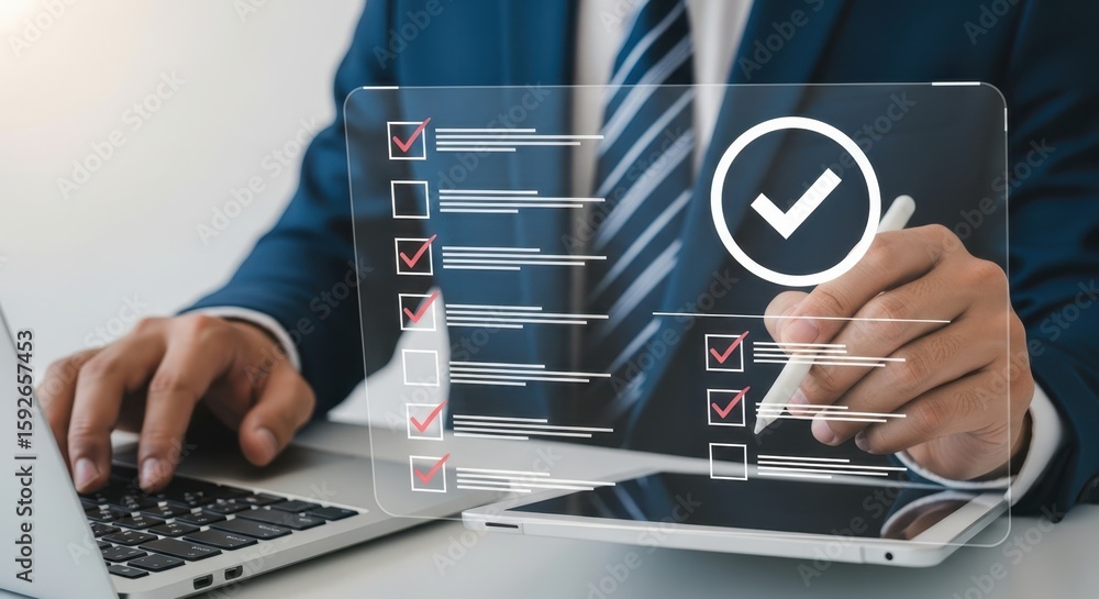 Poster photo of a businessman meticulously checks off items on a digital checklist displayed on a transpare