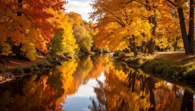 Autumnal river reflecting vibrant fall foliage