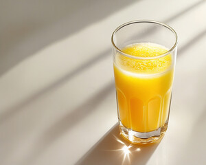 A refreshing glass of orange juice on a table, showcasing its vibrant color.