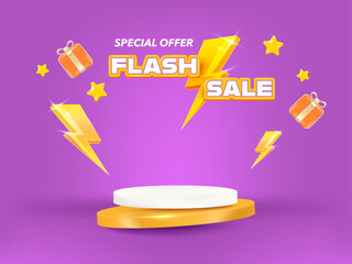 Flash Sale podium display. Composition design with 3D thunder bolt, gift box and star. Sale banner template.