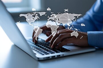 Person typing on laptop with world map overlayed