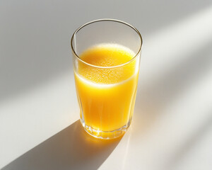 A glass of orange juice sits on a white surface, showcasing its vibrant color and refreshing appearance.