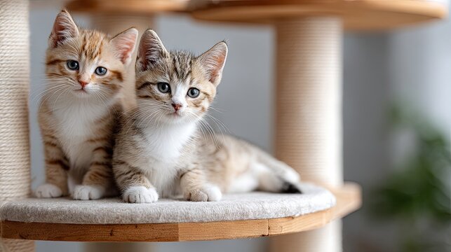 Playful black kitten and sweet brown tabby cat explore their natural wood cat tower in a cozy indoor setting, showcasing adorable expressions and playful personalities - Powered by Adobe