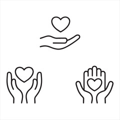 Fototapeta premium Three black line art icons of hands holding hearts on white background love care