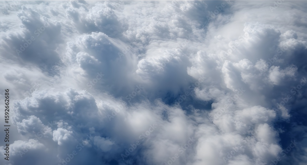 Poster overhead view of puffy white clouds with varying shades of gray against a blue sky creating a dynami