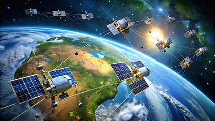 Satellite network orbiting the earth with solar panels and communication links in space illustration