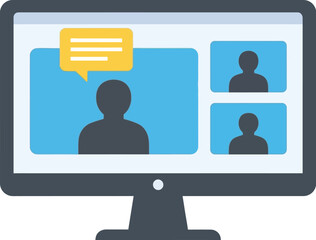 Illustration of a computer screen showing a video conference with three participants and a speech bubble