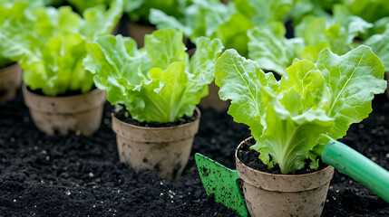 Close up of lettuce seedlings in pots with a green gardening tool in dark soil background view