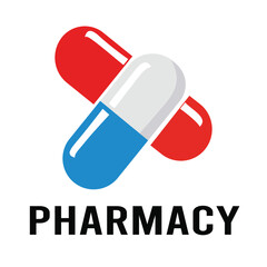 A dynamic pharmacy logo with intertwined red and blue capsule pills, representing medicine, health, and pharmaceutical services