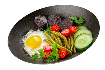 English breakfast fried egg, black pudding, vegetables, beans fresh delicious gourmet food background on the table rustic food top view copy space