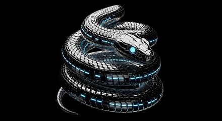A powerful, coiled snake with a metallic, robotic body and a glowing blue core of digital circuitry. The image represents the fusion of nature and technology,