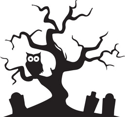 Halloween Silhouette of Owl on Creepy Tree with Gravestones