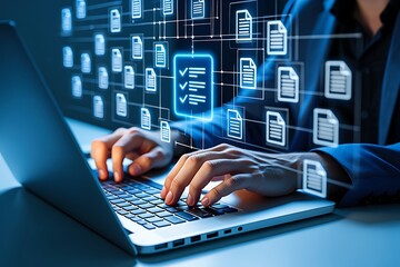Person typing on laptop with digital document icons
